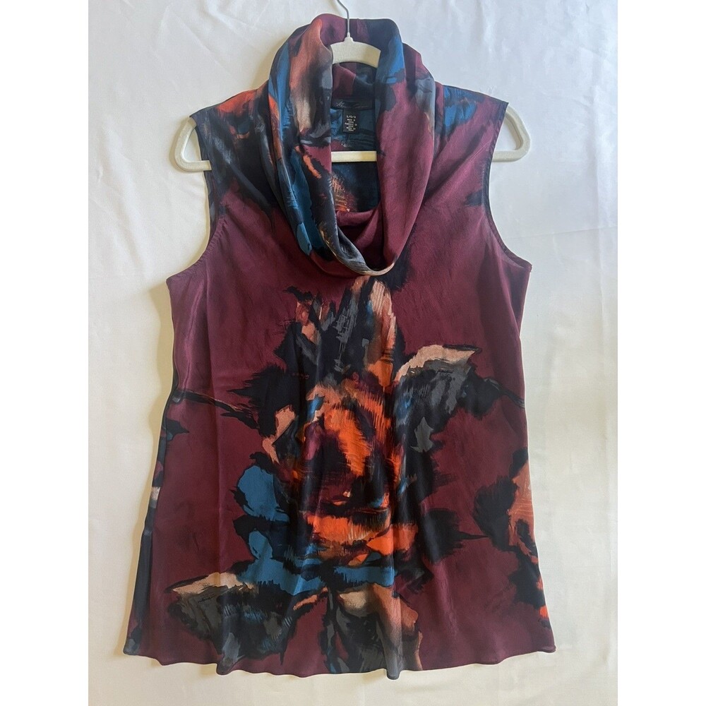 KENNETH COLE NEW YORK 100% Silk Blouse L Cowl Neck Sleeveless Abstract Art Top